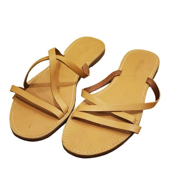 Madewell The Boardwalk Skinny Strap Slide Sandals Leather Size 9 Open Toe Tan - Picture 2 of 6